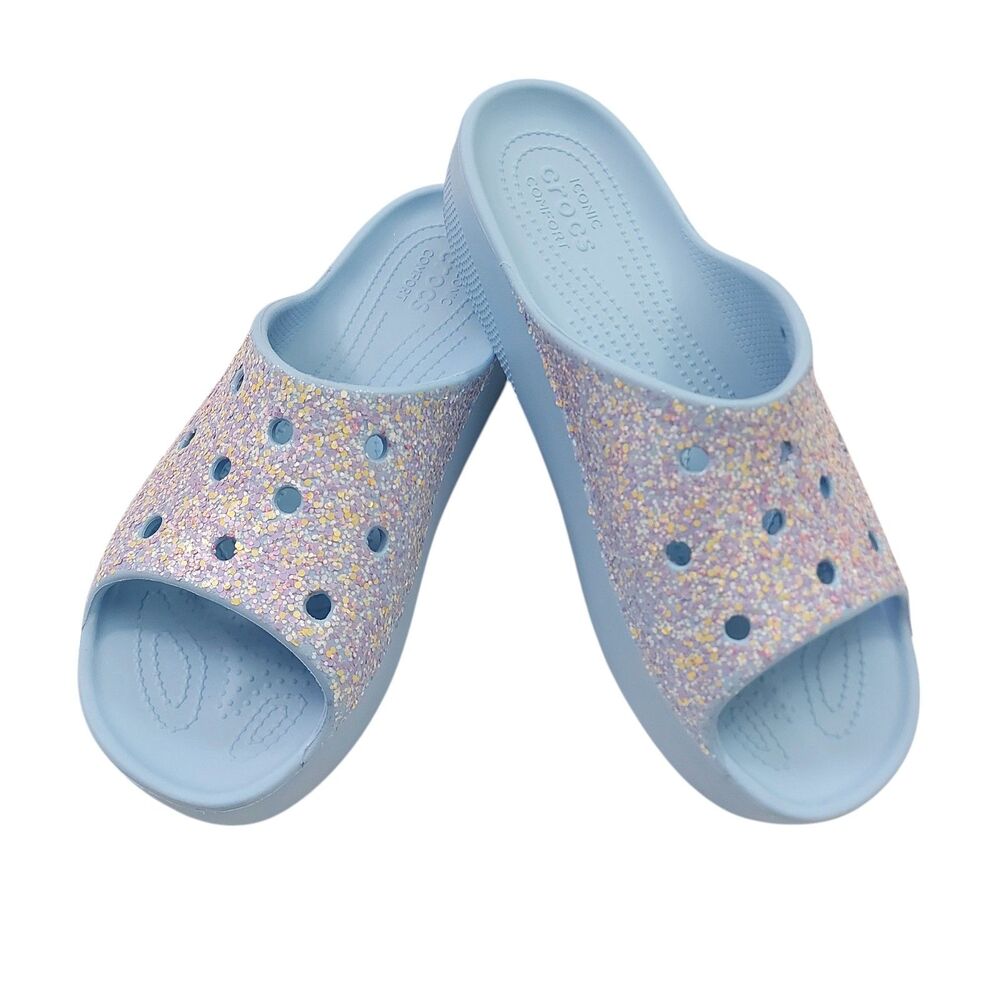 Crocs Sandals Womens 11 Light Blue Classic Platform Glitter Slide Slip On Casual